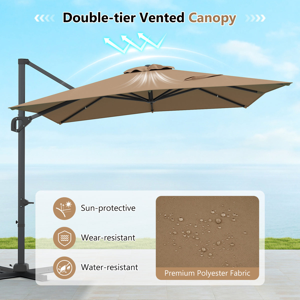 11 x 9 FT Cantilever Patio Umbrella with 360° Rotation and Easy Tilt Adjustment-Brown view 7