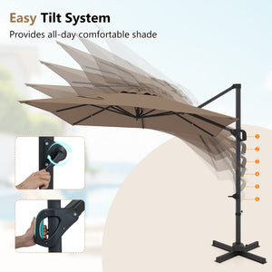 11 x 9 FT Cantilever Patio Umbrella with 360° Rotation and Easy Tilt Adjustment-Brown view 8