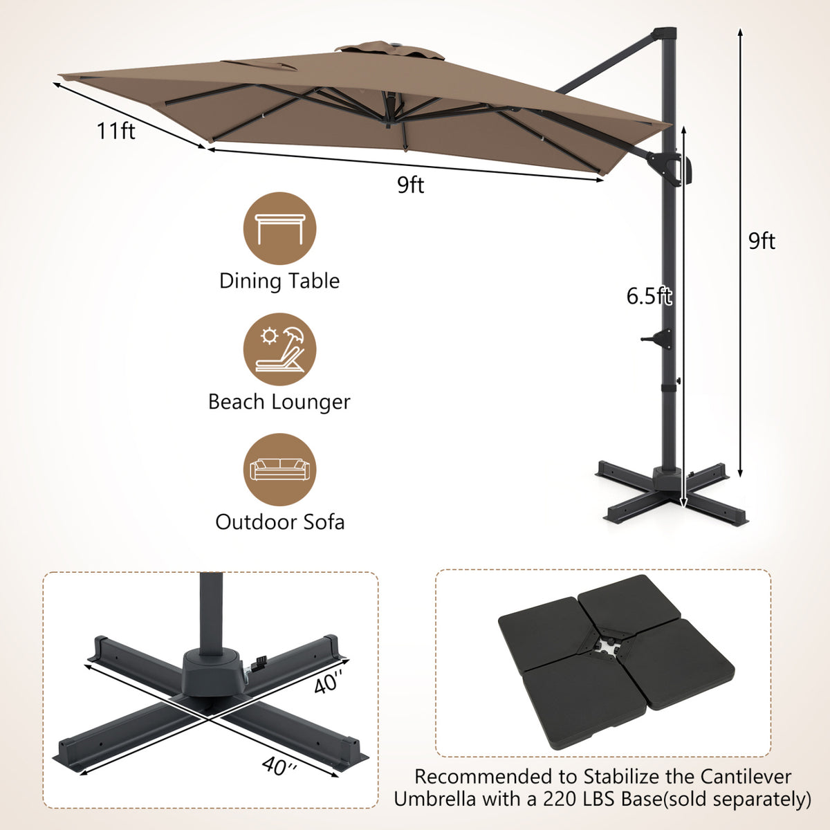 11 x 9 FT Cantilever Patio Umbrella with 360° Rotation and Easy Tilt Adjustment-Brown view 4