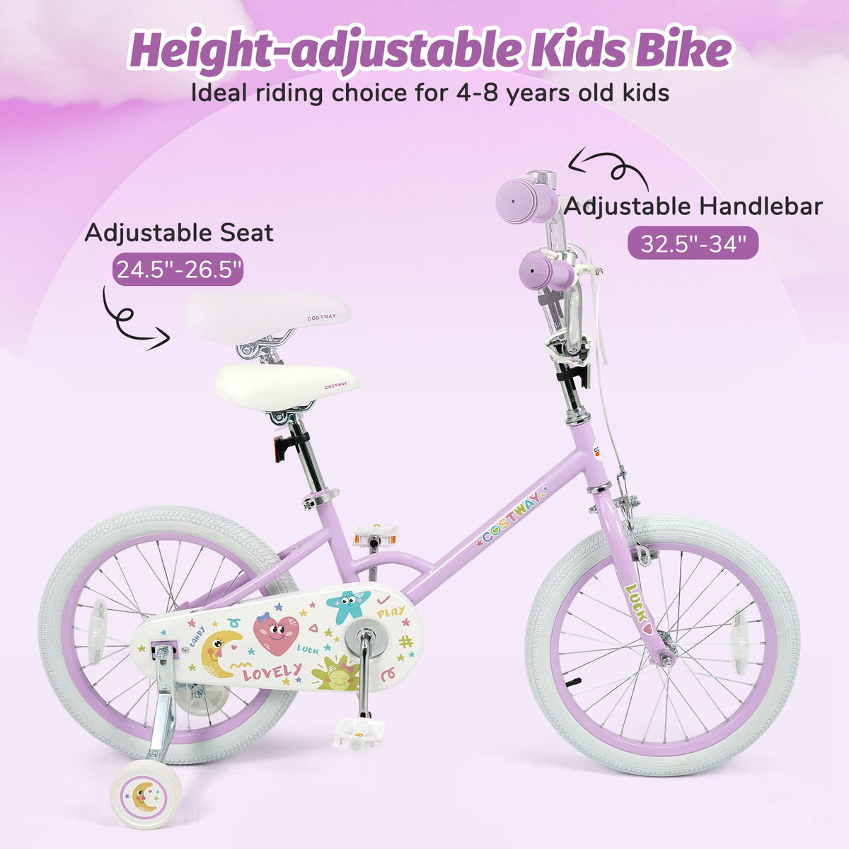 12/14/16/18 Inch Kids Bike Adjustable for 3-8 Years Old Children Purple - Stars & Moon-18 inches view 6