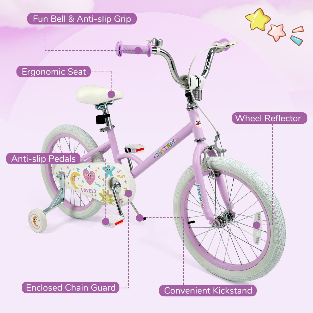 12/14/16/18 Inch Kids Bike Adjustable for 3-8 Years Old Children Purple - Stars & Moon-18 inches view 9