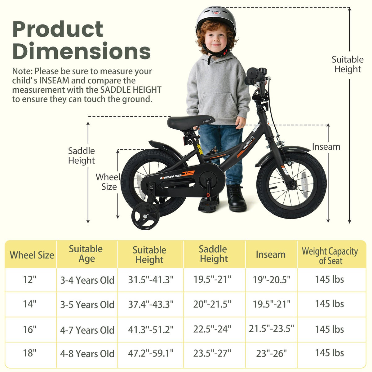 12/14/16/18 Inches Kids Bike with Removable Training Wheels and Adjustable Seatfor 3-8 Years Old Black-12 inches view 4