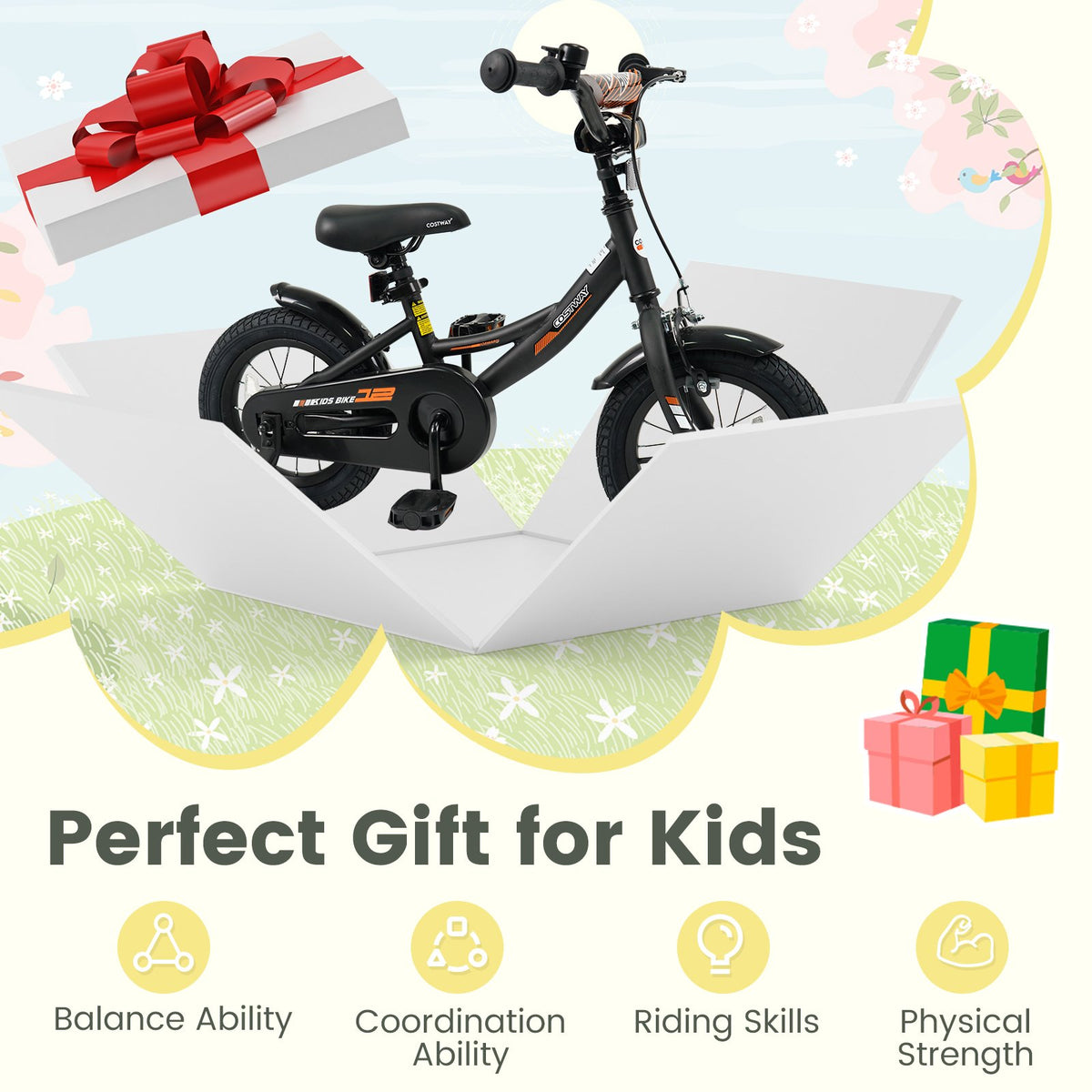 12/14/16/18 Inches Kids Bike with Removable Training Wheels and Adjustable Seatfor 3-8 Years Old Black-12 inches view 9