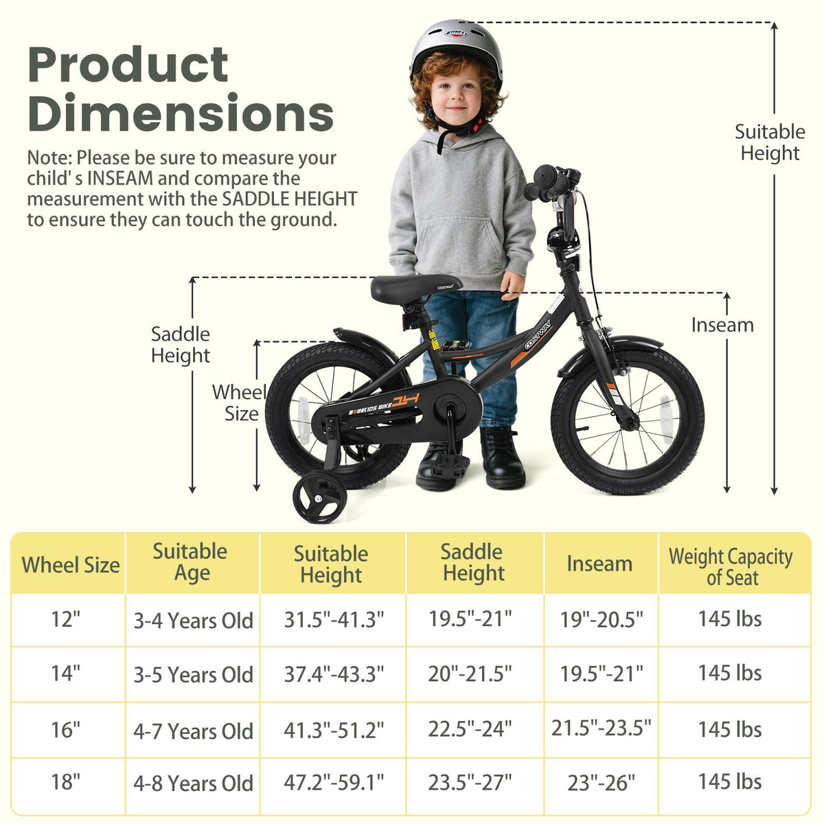 12/14/16/18 Inches Kids Bike with Removable Training Wheels and Adjustable Seatfor 3-8 Years Old Black-14 inches view 4