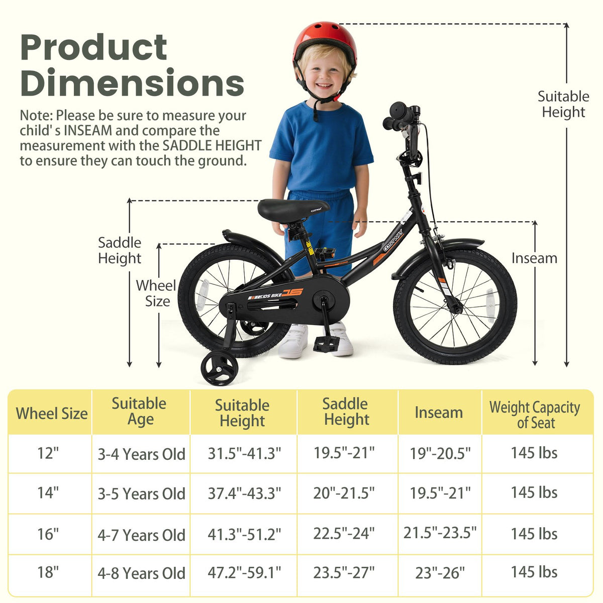 12/14/16/18 Inches Kids Bike with Removable Training Wheels and Adjustable Seatfor 3-8 Years Old Black-16 inches view 4