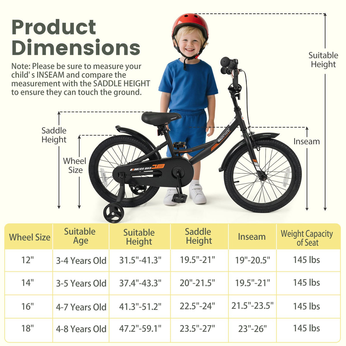 12/14/16/18 Inches Kids Bike with Removable Training Wheels and Adjustable Seatfor 3-8 Years Old Black-18 inches view 4