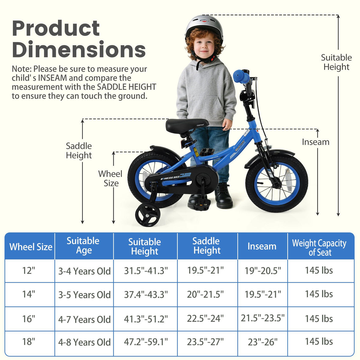 12/14/16/18 Inches Kids Bike with Removable Training Wheels and Adjustable Seatfor 3-8 Years Old Navy-12 inches view 4
