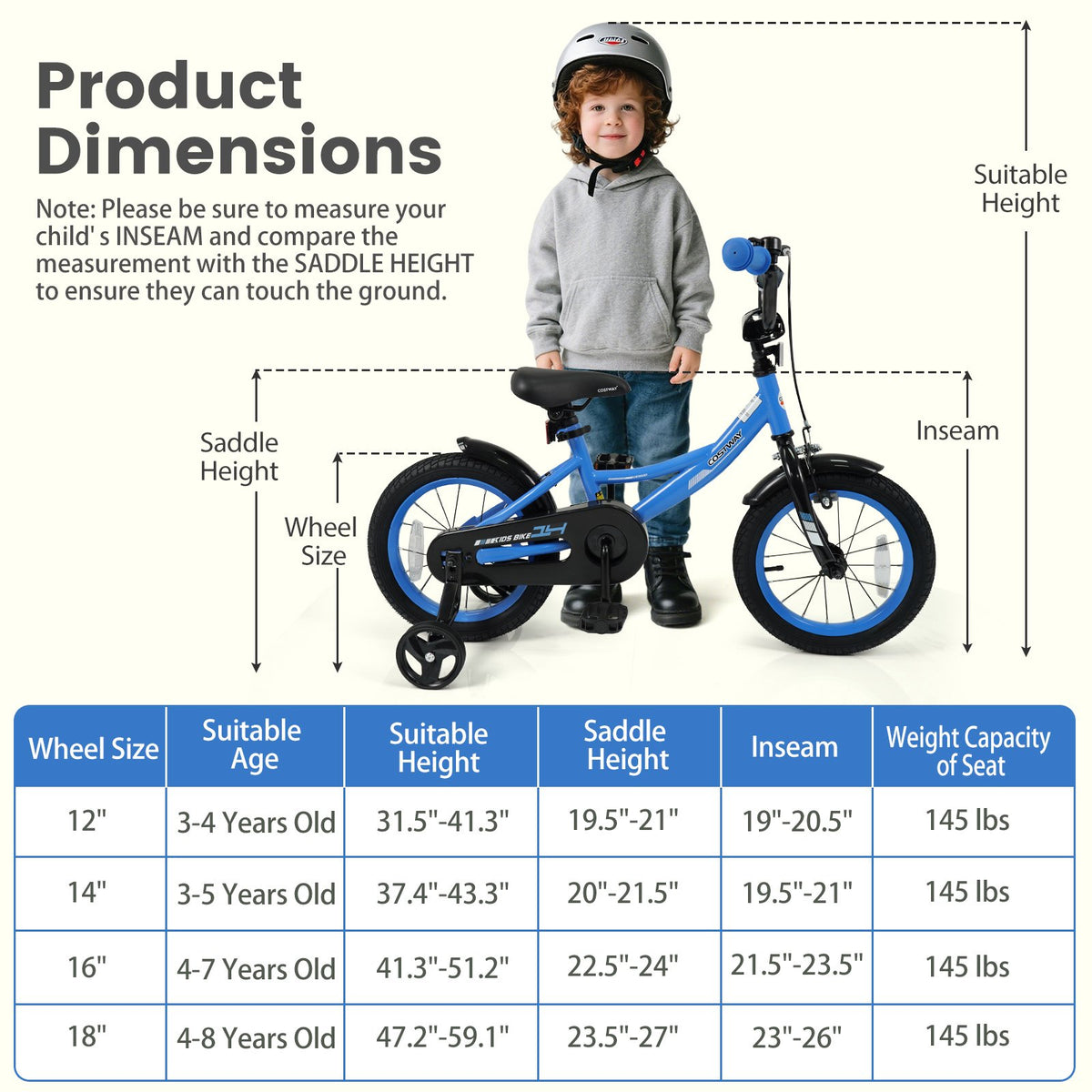 12/14/16/18 Inches Kids Bike with Removable Training Wheels and Adjustable Seatfor 3-8 Years Old Navy-14 inches view 4