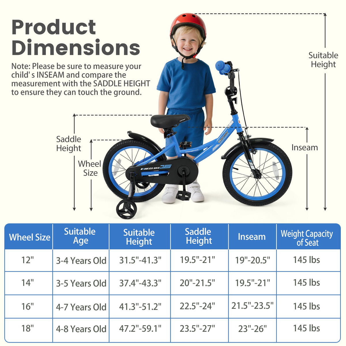 12/14/16/18 Inches Kids Bike with Removable Training Wheels and Adjustable Seatfor 3-8 Years Old Navy-16 inches view 4