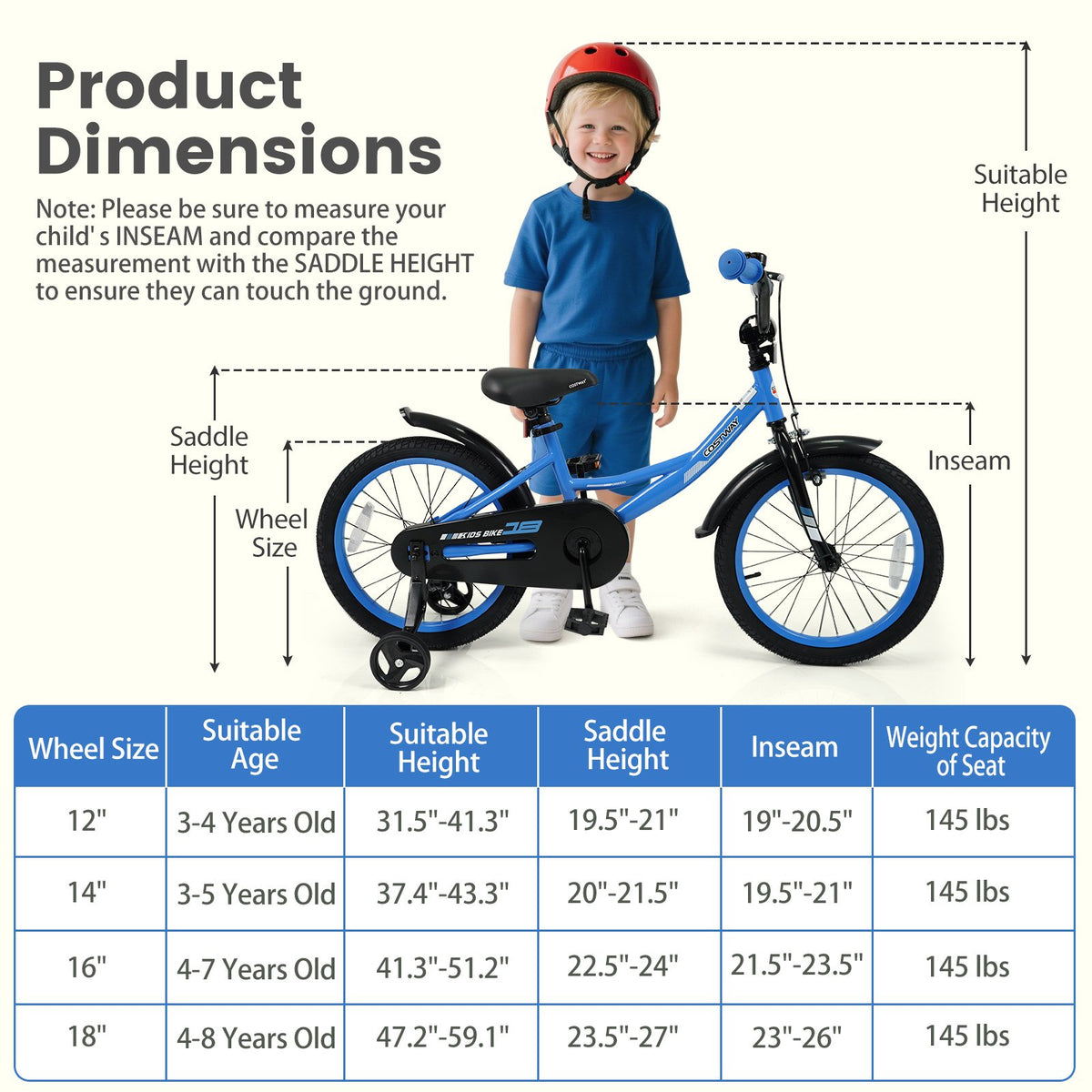12/14/16/18 Inches Kids Bike with Removable Training Wheels and Adjustable Seatfor 3-8 Years Old Navy-18 inches view 4
