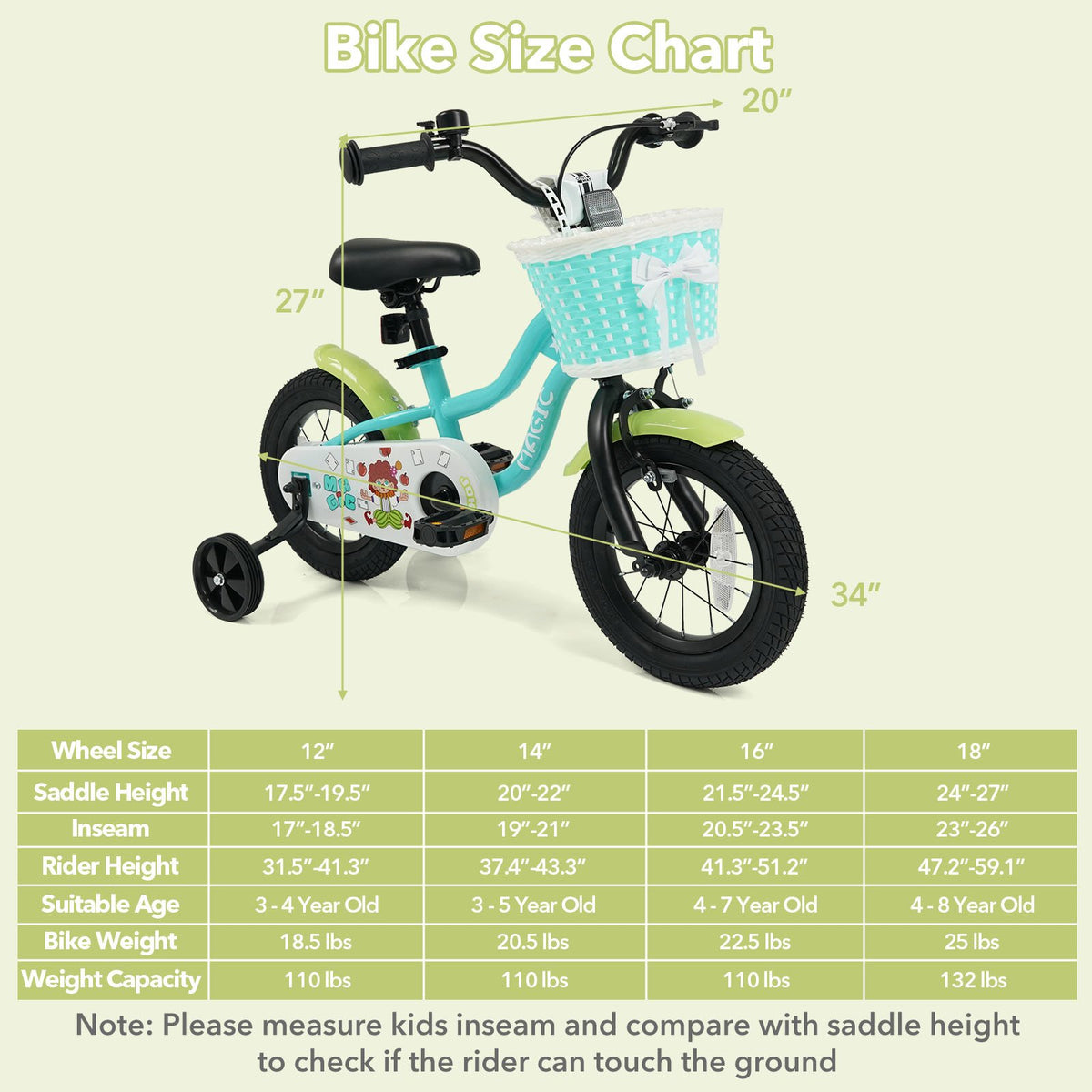 12/14/16 Inch Kids Bike with Training Wheels and Basket Green Color-12 view 4