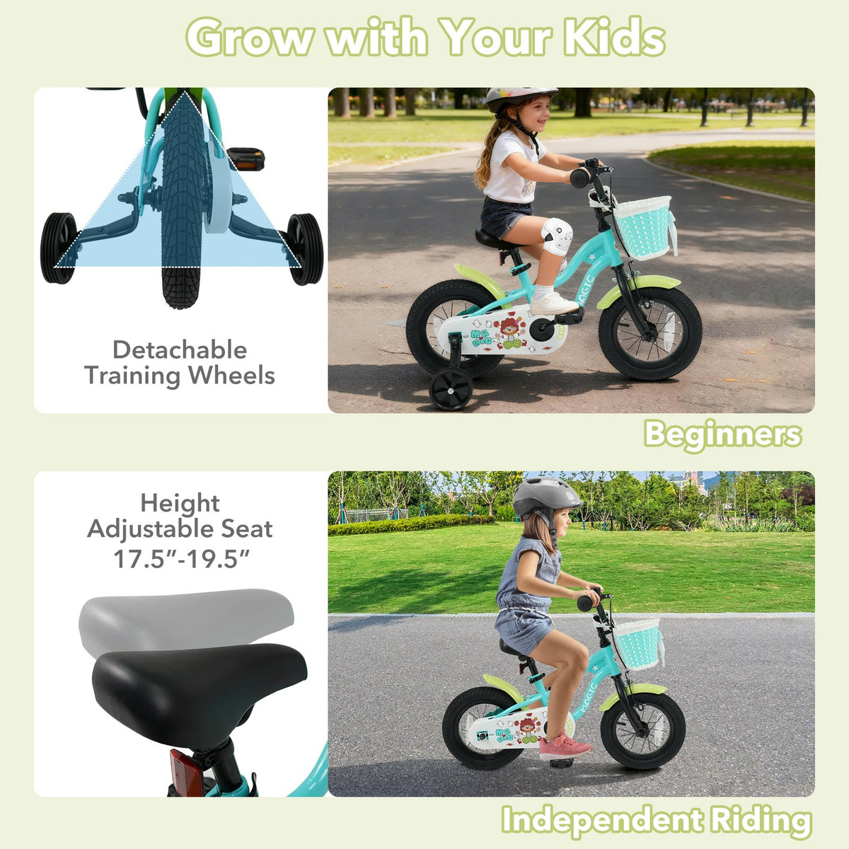 12/14/16 Inch Kids Bike with Training Wheels and Basket Green Color-12 view 6