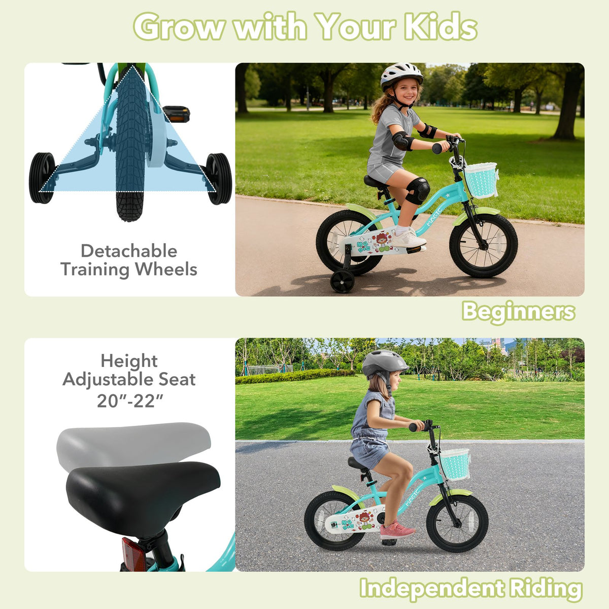 12/14/16 Inch Kids Bike with Training Wheels and Basket Green Color-14 view 6