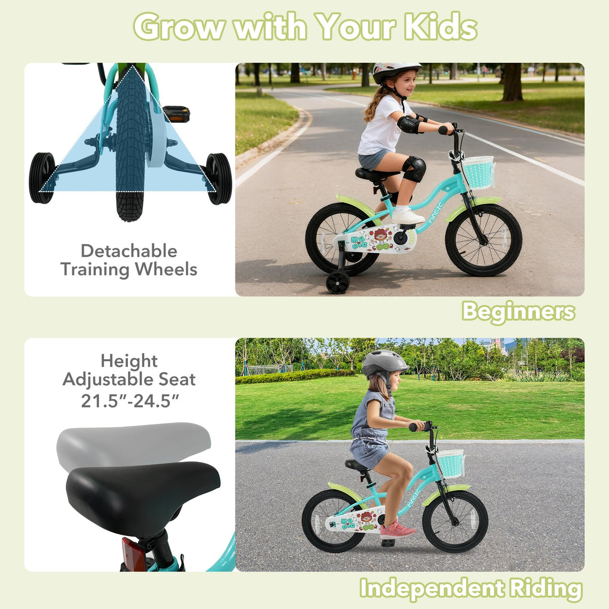 12/14/16 Inch Kids Bike with Training Wheels and Basket Green Color-16 view 6