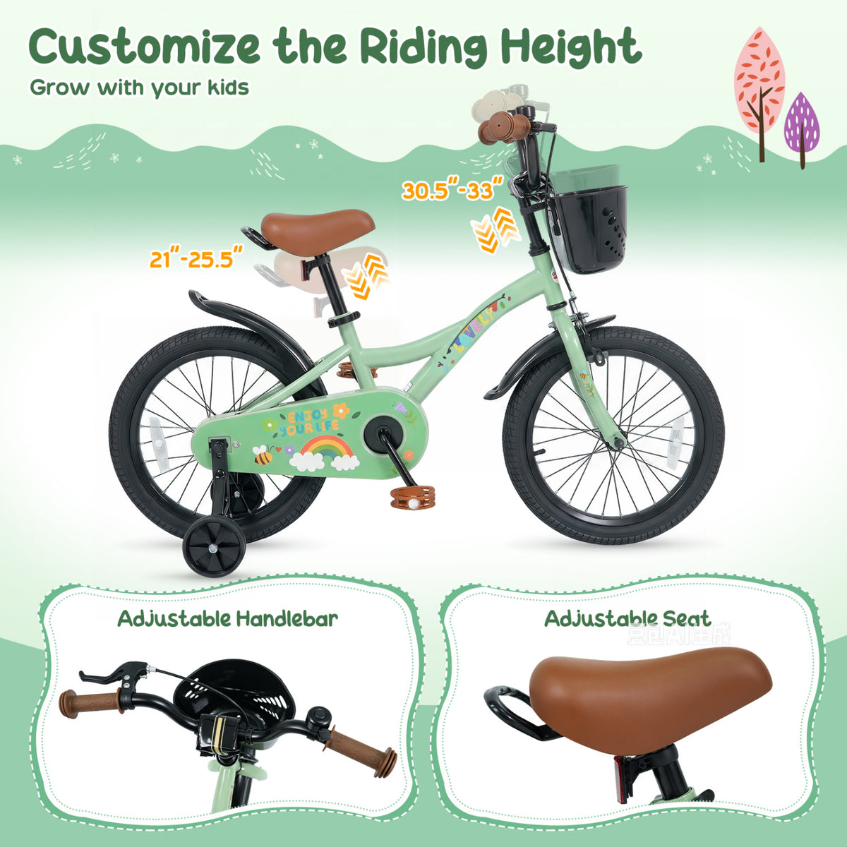 12-18 Inches Girls Bike for 3-8 Years Old with Basket - Spring Party, Green-16“ view 7