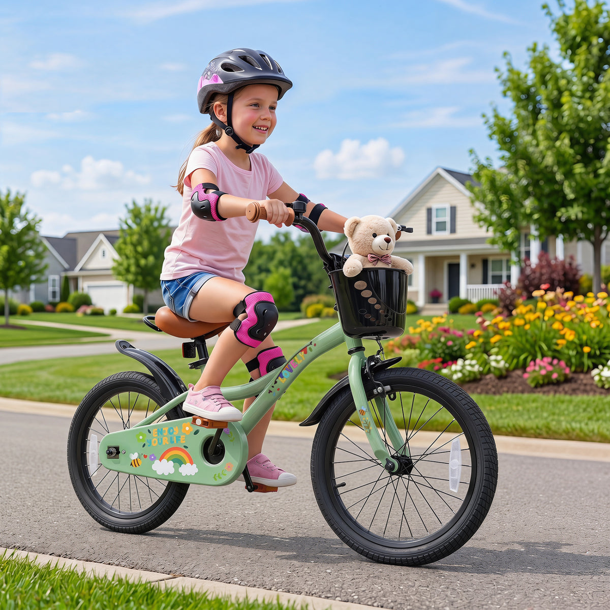 12-18 Inches Green Girls Bike for 3-8 Years Old with Basket - Spring Party-18 inches view 2