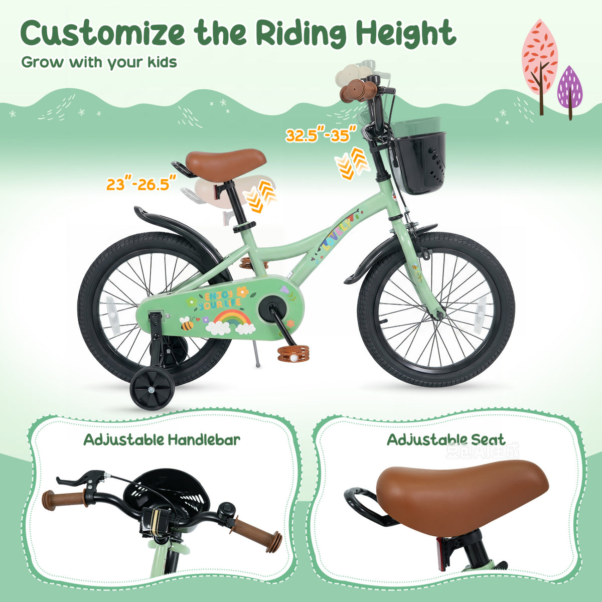 12-18 Inches Green Girls Bike for 3-8 Years Old with Basket - Spring Party-18 inches view 6