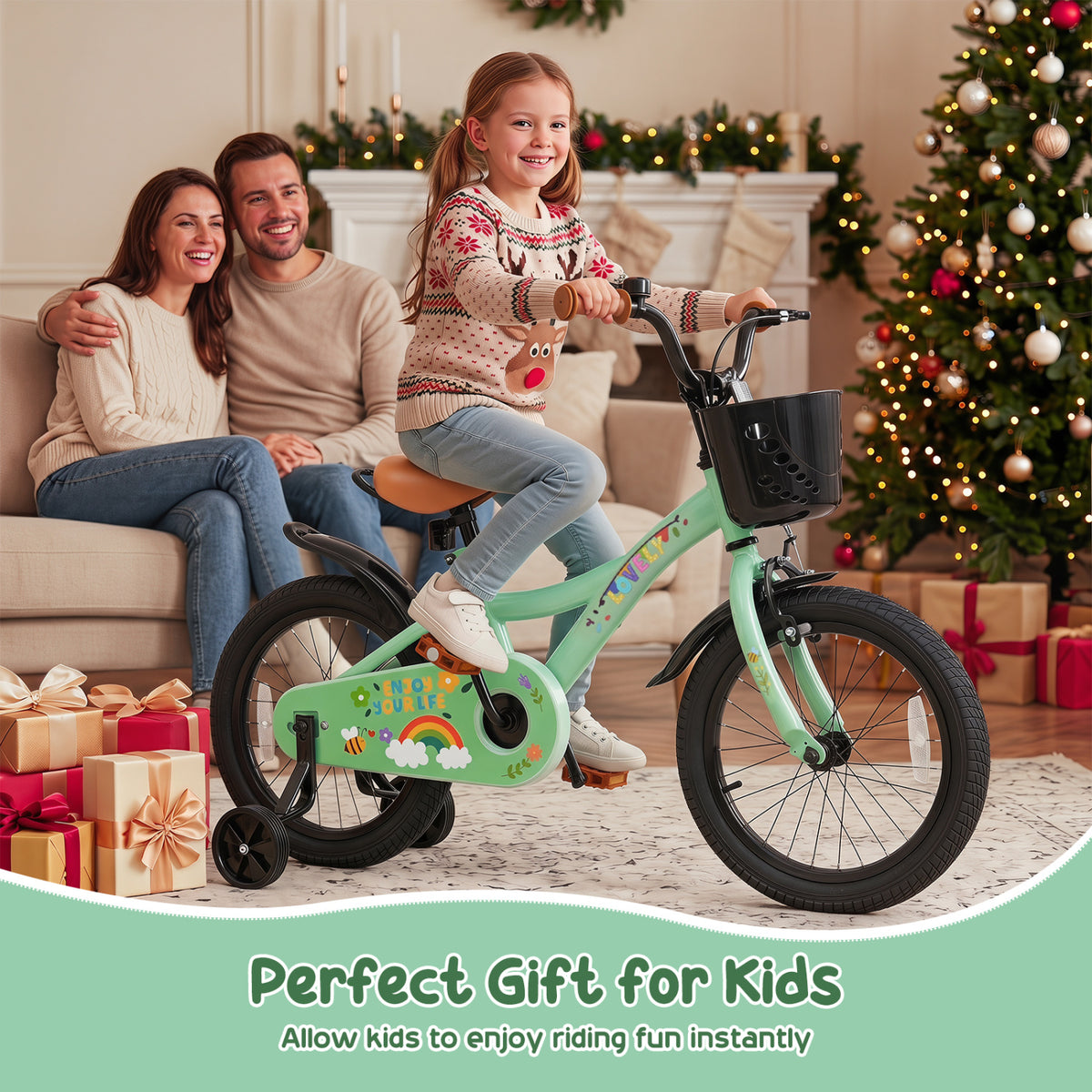 12-18 Inches Green Girls Bike for 3-8 Years Old with Basket - Spring Party-18 inches view 9