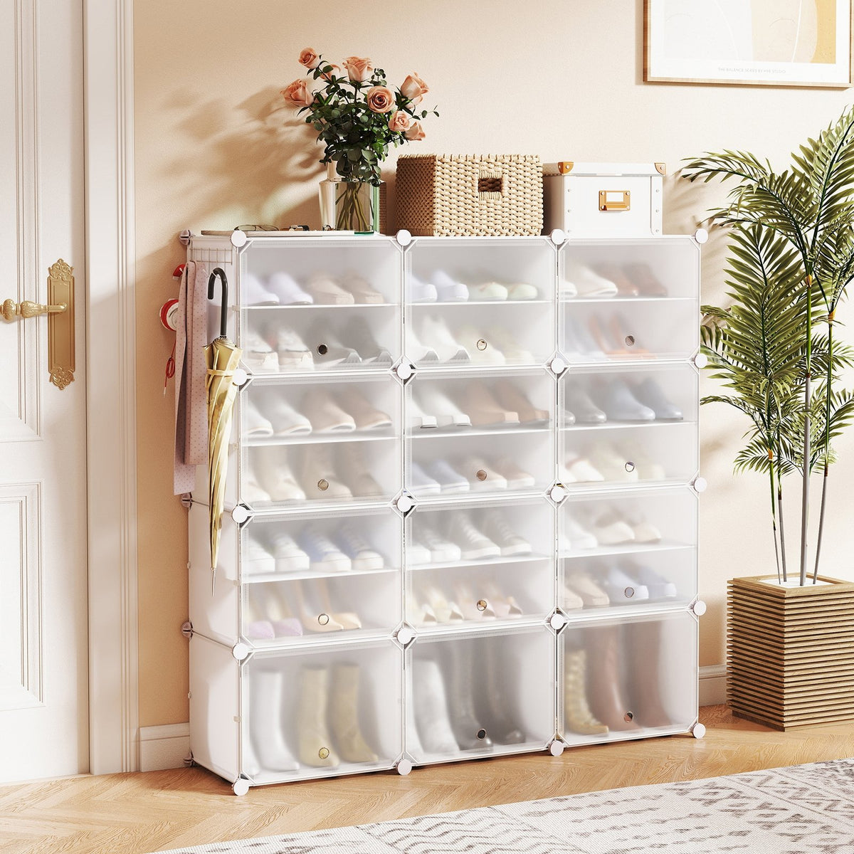 12-Cube 48 Pairs Portable Shoe Shelves with Hook-White view 3
