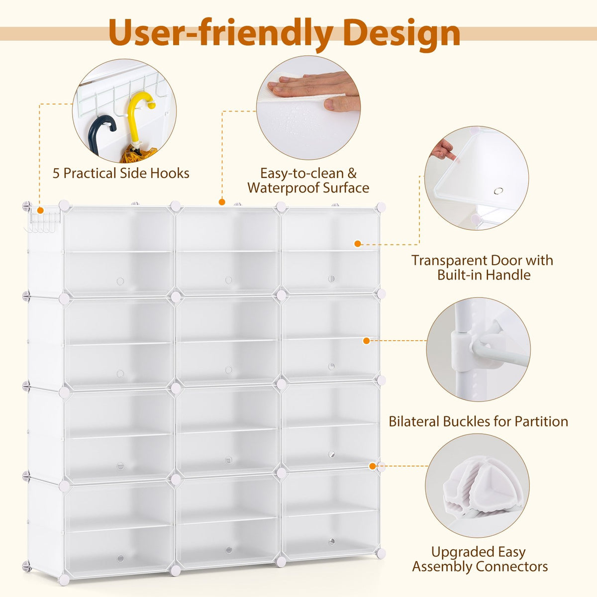 12-Cube 48 Pairs Portable Shoe Shelves with Hook-White view 9
