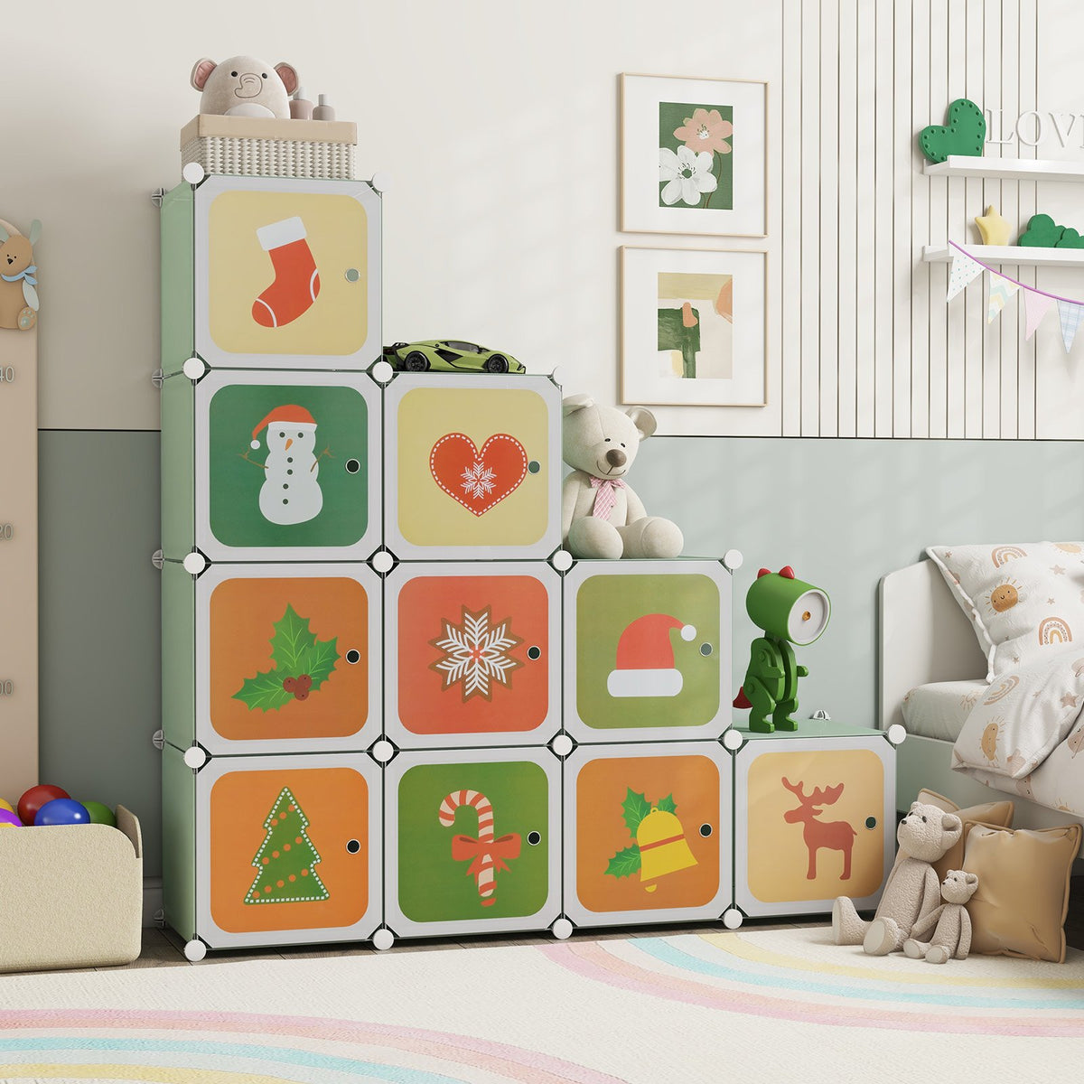 12 Cube Kids Wardrobe Closet with Hanging Section and Doors-Green view 2