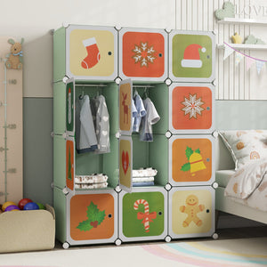 12 Cube Kids Wardrobe Closet with Hanging Section and Doors-Green view 3