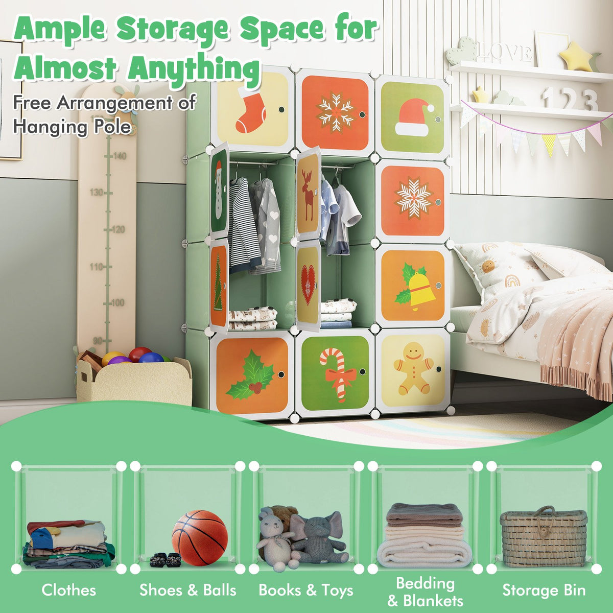 12 Cube Kids Wardrobe Closet with Hanging Section and Doors-Green view 6