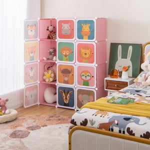 12 Cube Kids Wardrobe Closet with Hanging Section and Doors-Pink view 2