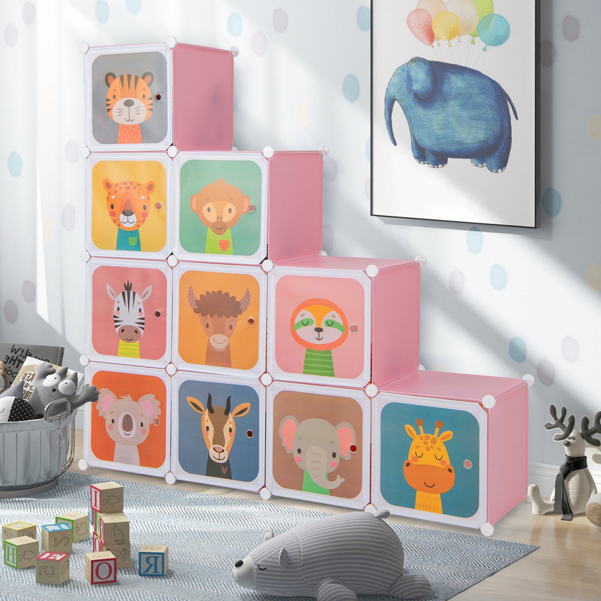 12 Cube Kids Wardrobe Closet with Hanging Section and Doors-Pink view 3