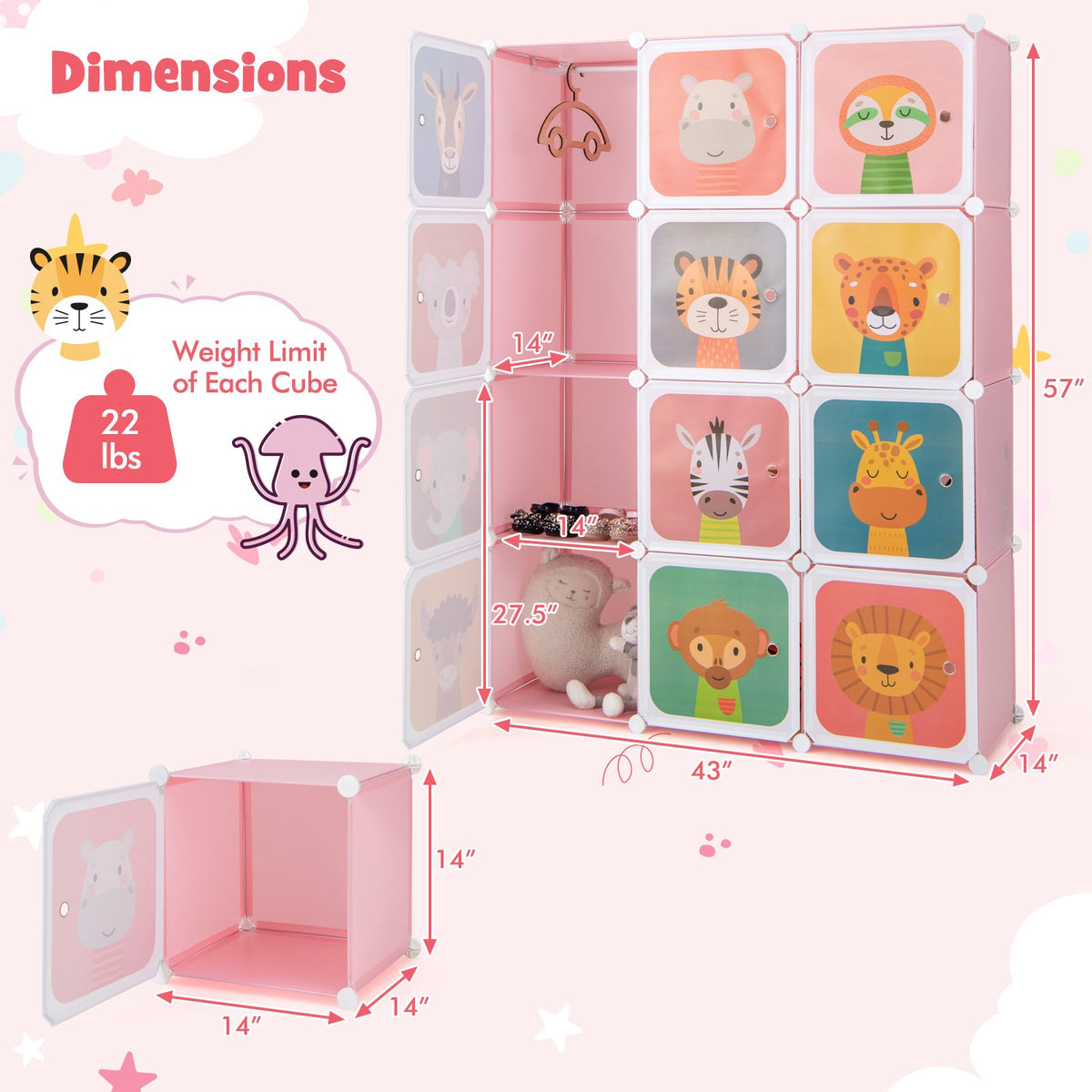 12 Cube Kids Wardrobe Closet with Hanging Section and Doors-Pink view 4