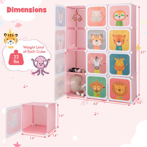 12 Cube Kids Wardrobe Closet with Hanging Section and Doors-Pink view 4