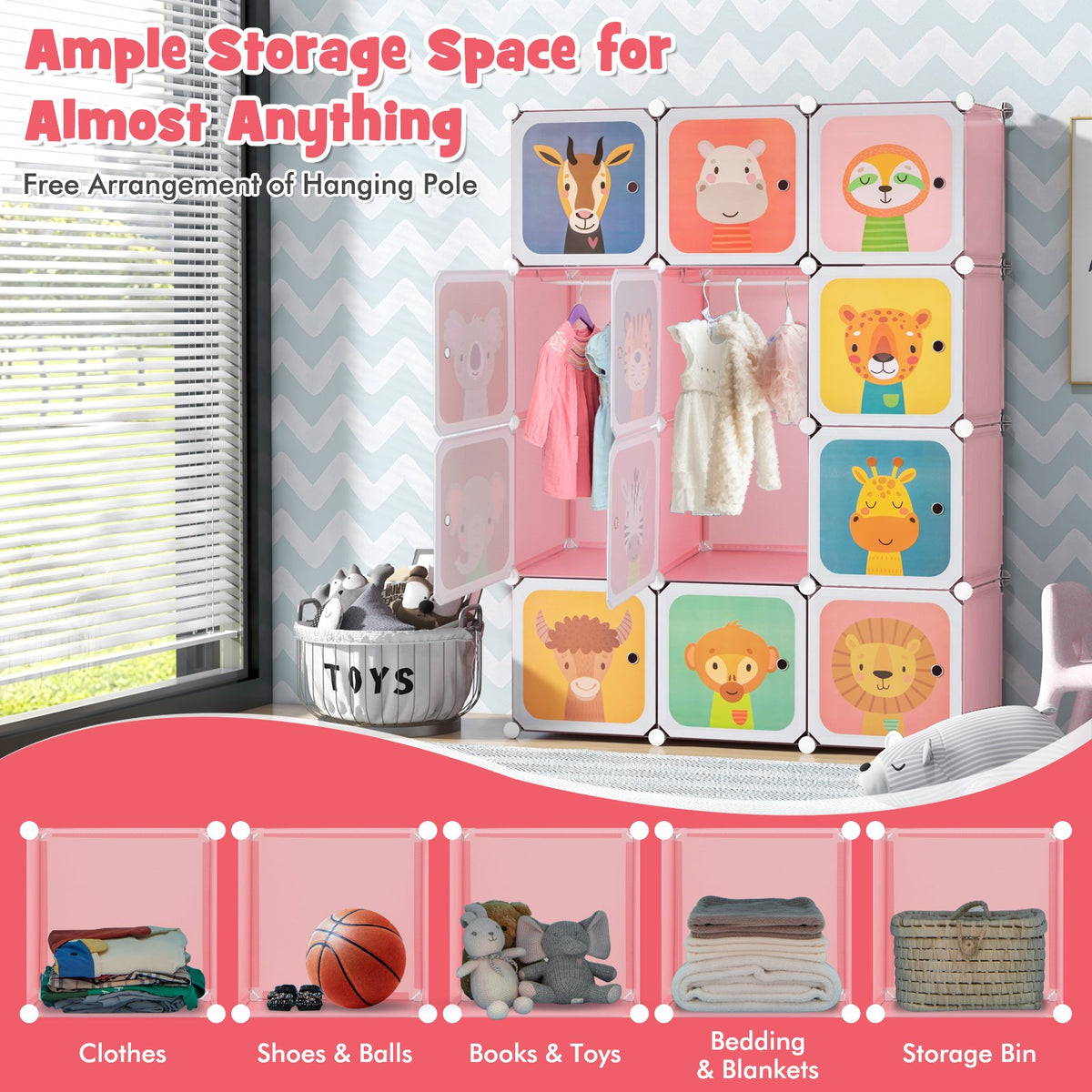 12 Cube Kids Wardrobe Closet with Hanging Section and Doors-Pink view 5