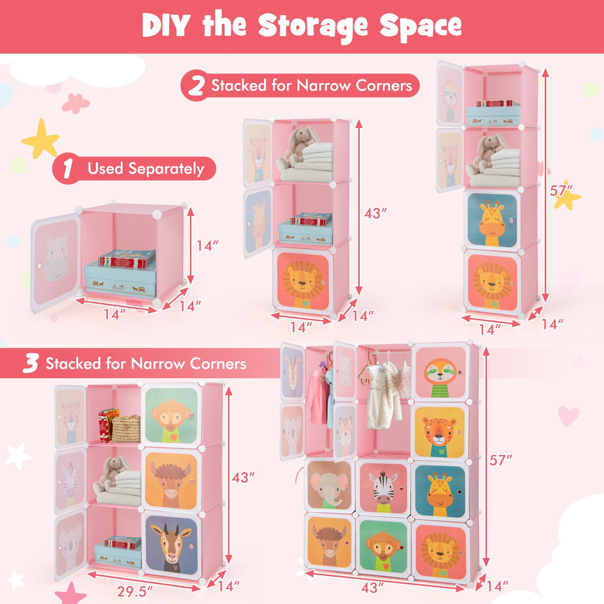 12 Cube Kids Wardrobe Closet with Hanging Section and Doors-Pink view 8