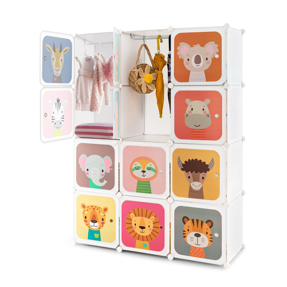 12 Cube Kids Wardrobe Closet with Hanging Section and Doors-White