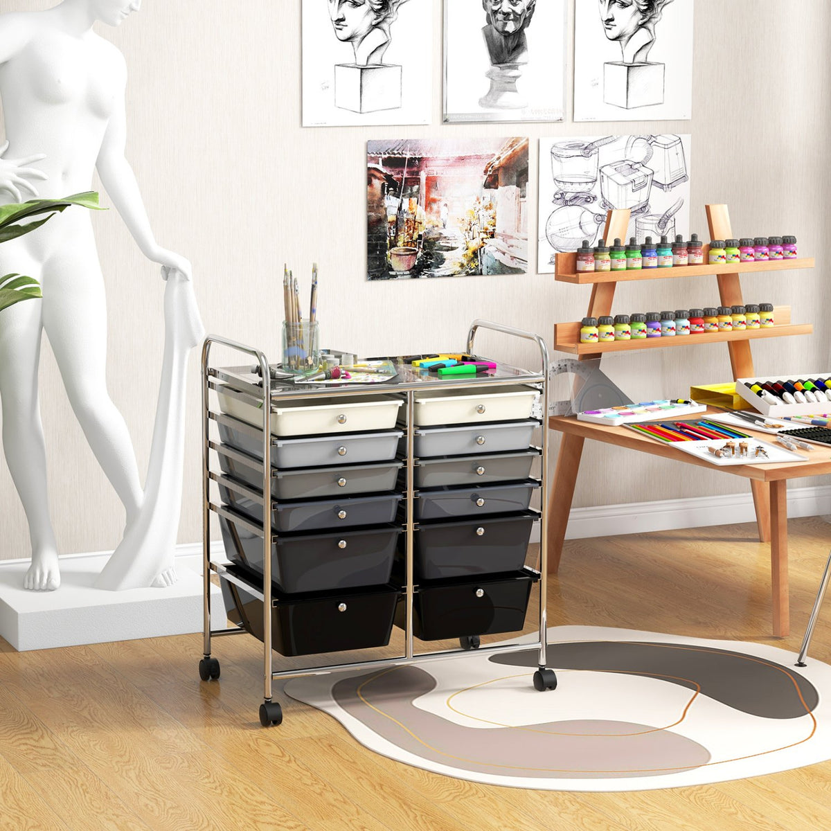 12-Drawer Rolling Storage Cart with Removable Drawers and Lockable Wheels-Gray view 2