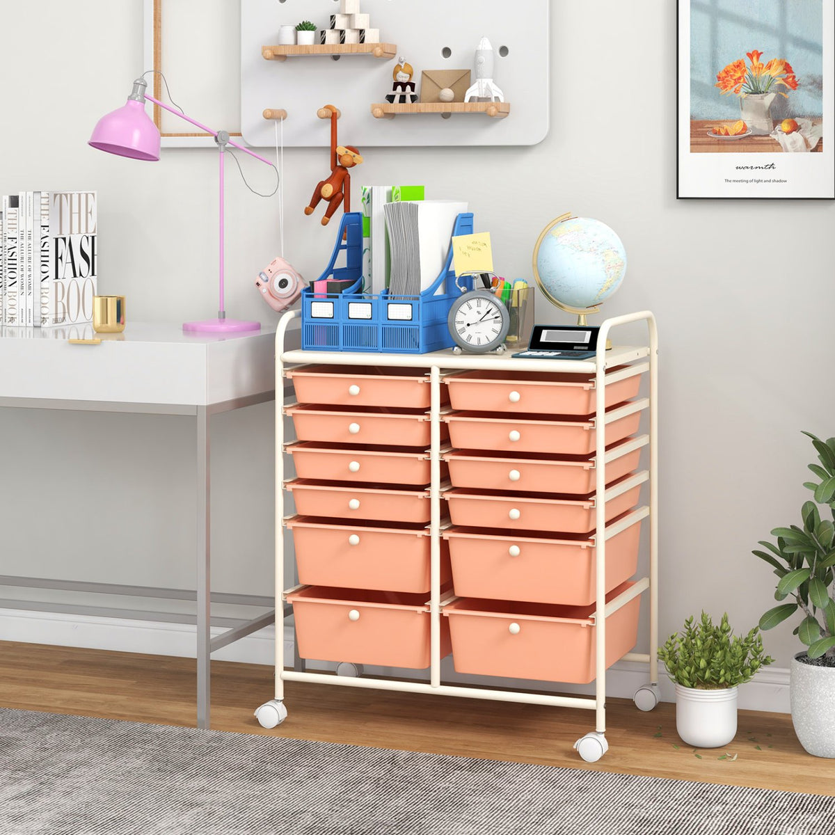 12-Drawer Rolling Storage Cart with Removable Drawers and Lockable Wheels-Peach view 2