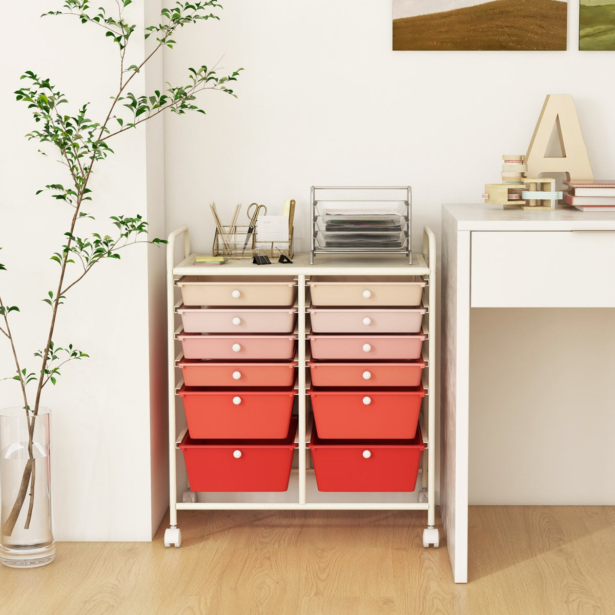 12-Drawer Rolling Storage Cart with Removable Drawers and Lockable Wheels-Pink view 3