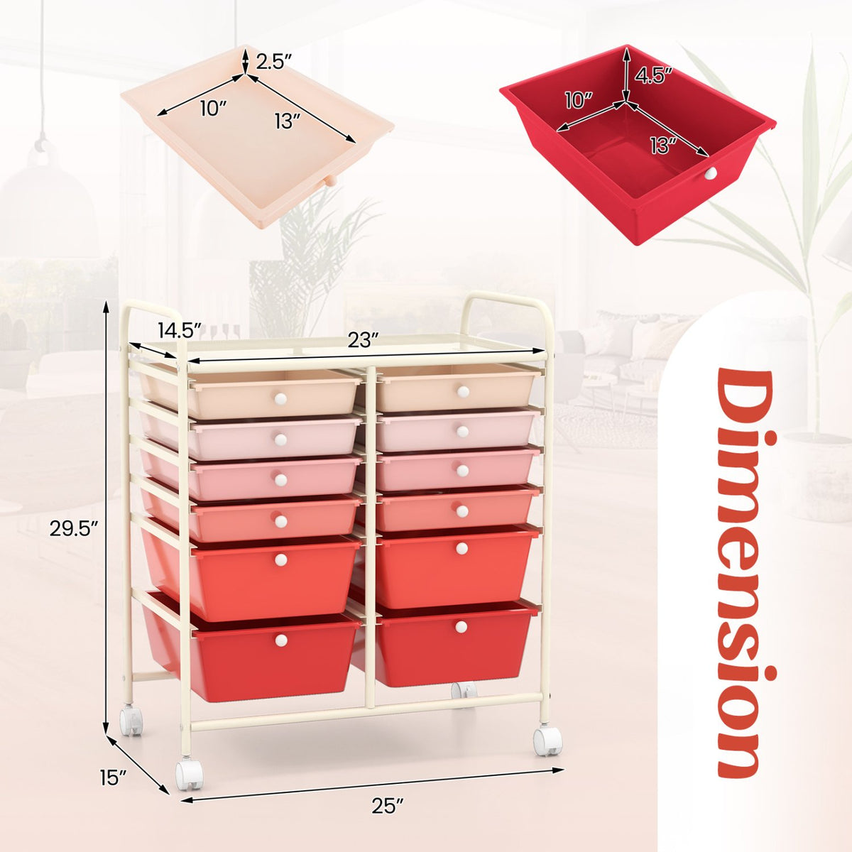 12-Drawer Rolling Storage Cart with Removable Drawers and Lockable Wheels-Pink view 5