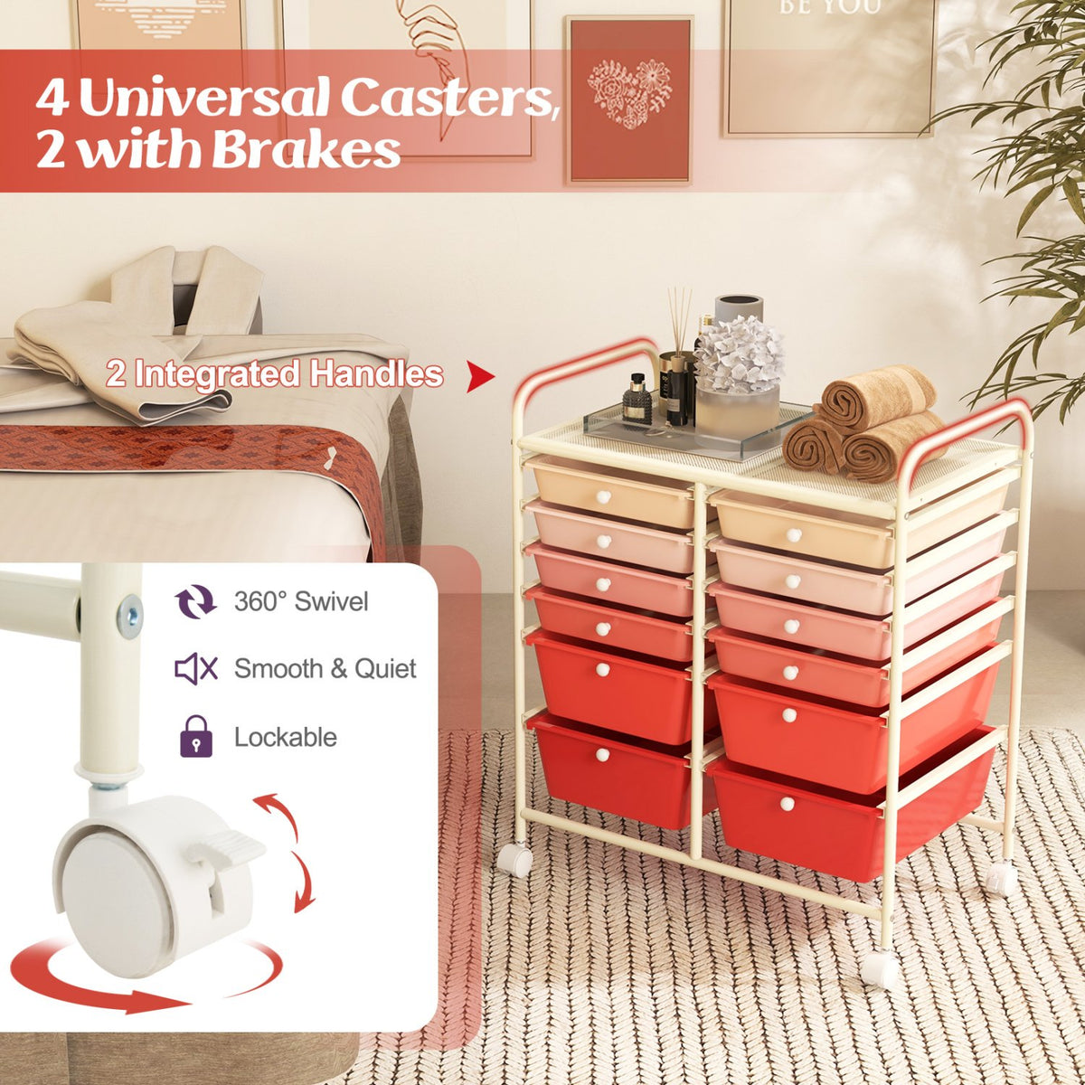 12-Drawer Rolling Storage Cart with Removable Drawers and Lockable Wheels-Pink view 7