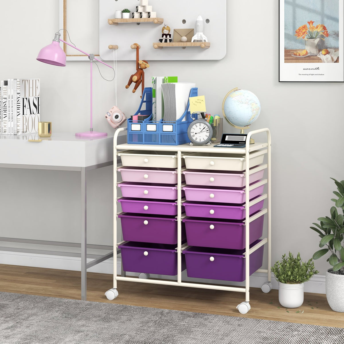 12-Drawer Rolling Storage Cart with Removable Drawers and Lockable Wheels-Purple view 2