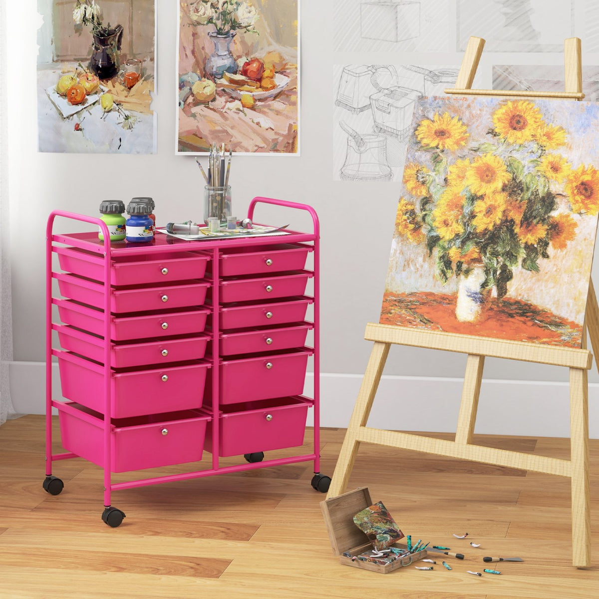 12-Drawer Rolling Storage Cart with Removable Drawers and Lockable Wheels-Rose Red view 2