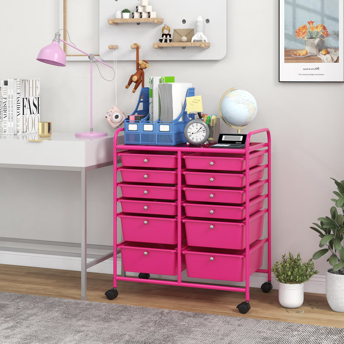 12-Drawer Rolling Storage Cart with Removable Drawers and Lockable Wheels-Rose Red view 3