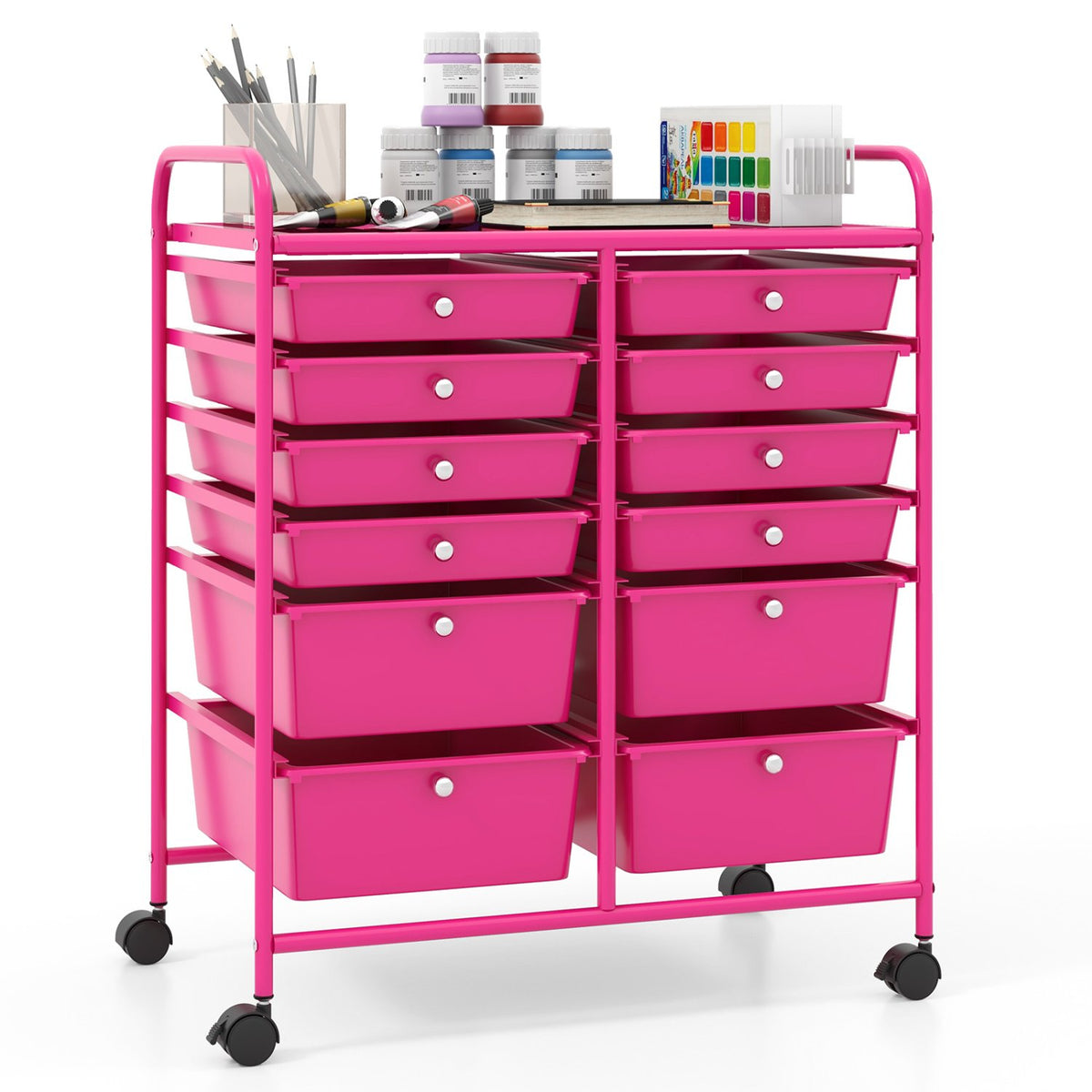 12-Drawer Rolling Storage Cart with Removable Drawers and Lockable Wheels-Rose Red view 4