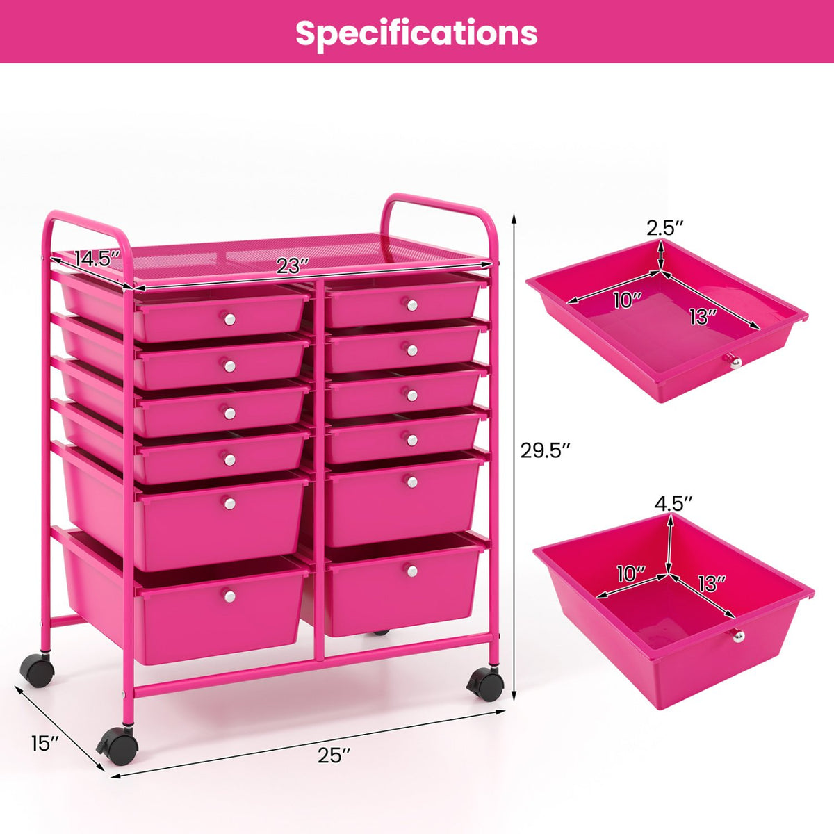 12-Drawer Rolling Storage Cart with Removable Drawers and Lockable Wheels-Rose Red view 5