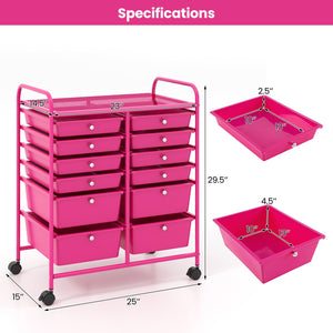 12-Drawer Rolling Storage Cart with Removable Drawers and Lockable Wheels-Rose Red view 5