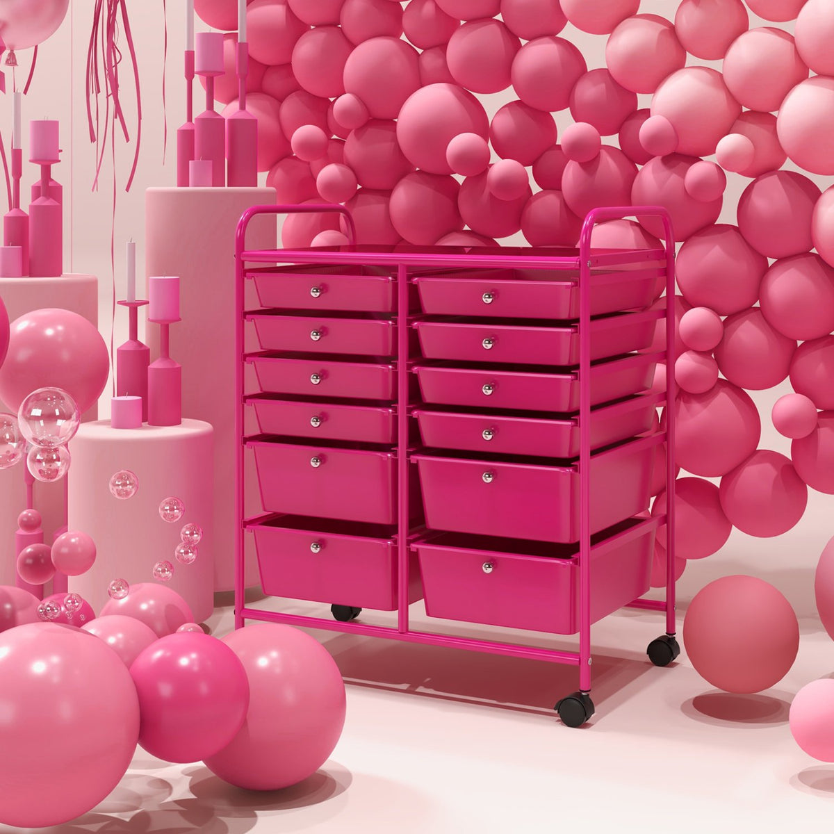 12-Drawer Rolling Storage Cart with Removable Drawers and Lockable Wheels-Rose Red view 6