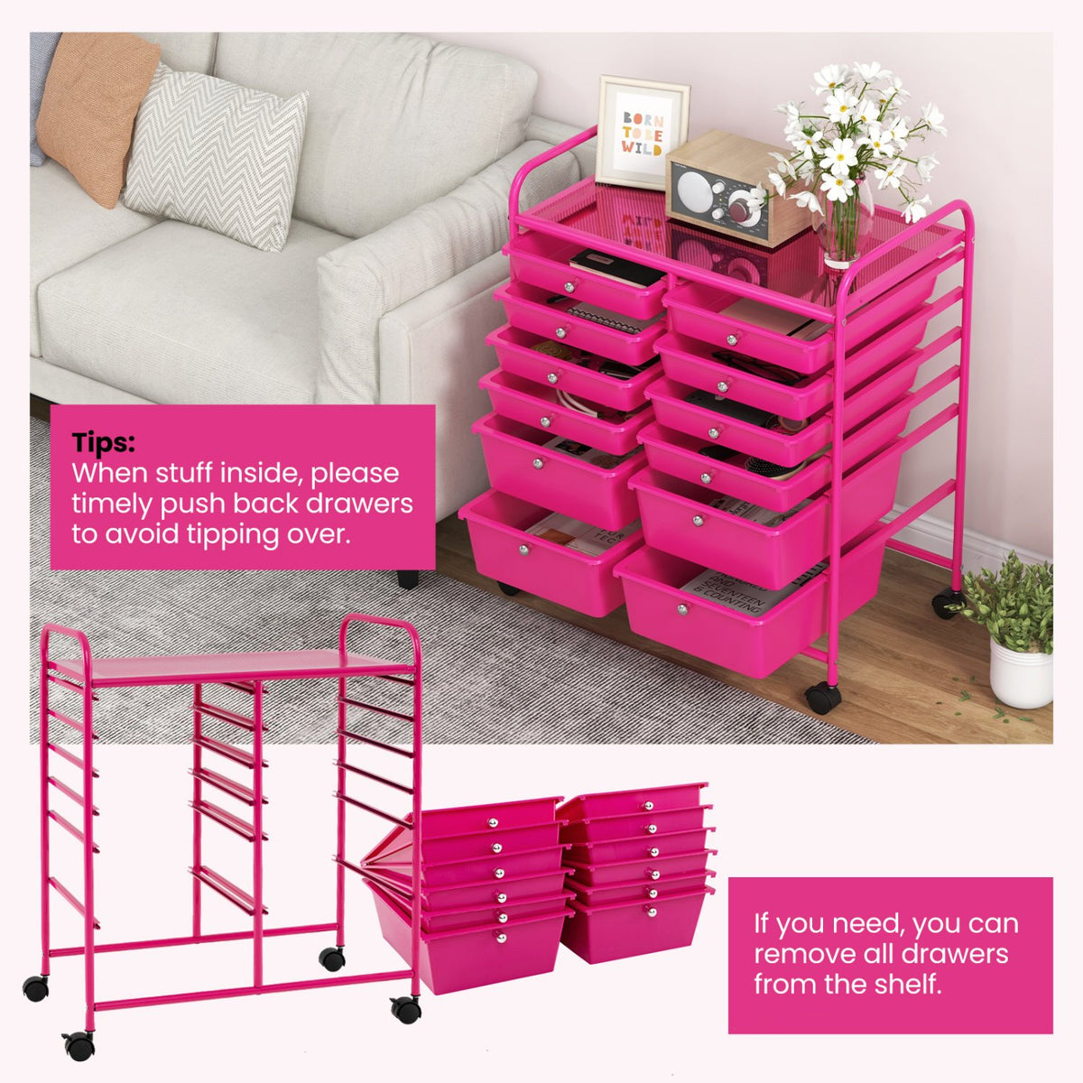 12-Drawer Rolling Storage Cart with Removable Drawers and Lockable Wheels-Rose Red view 7