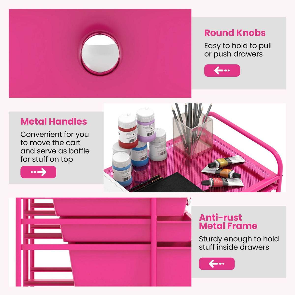 12-Drawer Rolling Storage Cart with Removable Drawers and Lockable Wheels-Rose Red view 8
