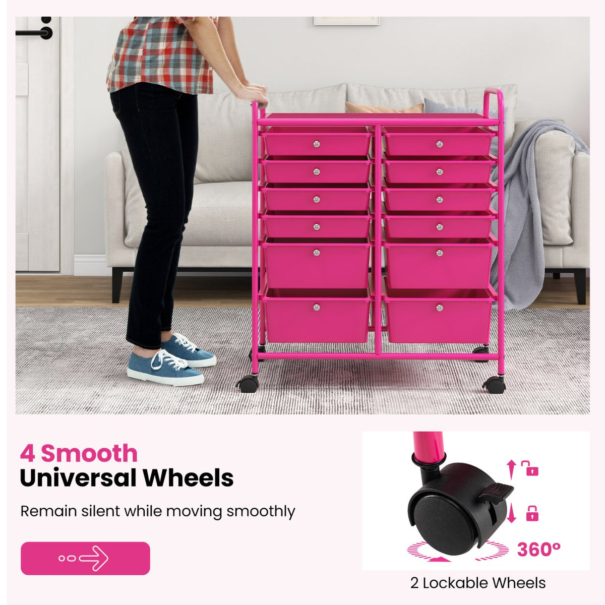 12-Drawer Rolling Storage Cart with Removable Drawers and Lockable Wheels-Rose Red view 9