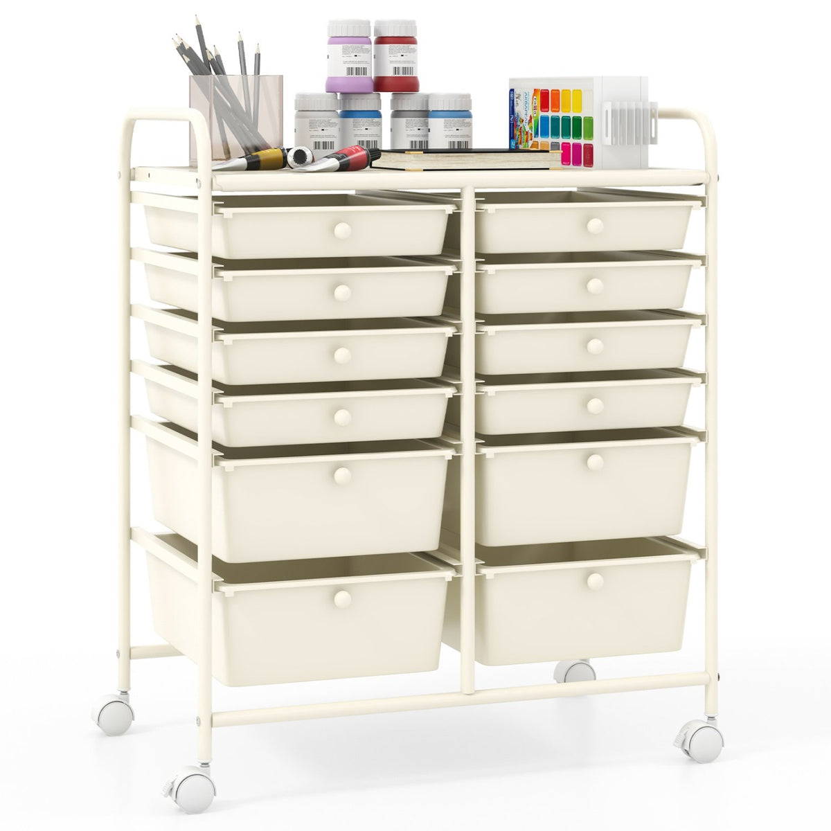 12-Drawer Rolling Storage Cart with Removable Drawers and Lockable Wheels-Beige view 4